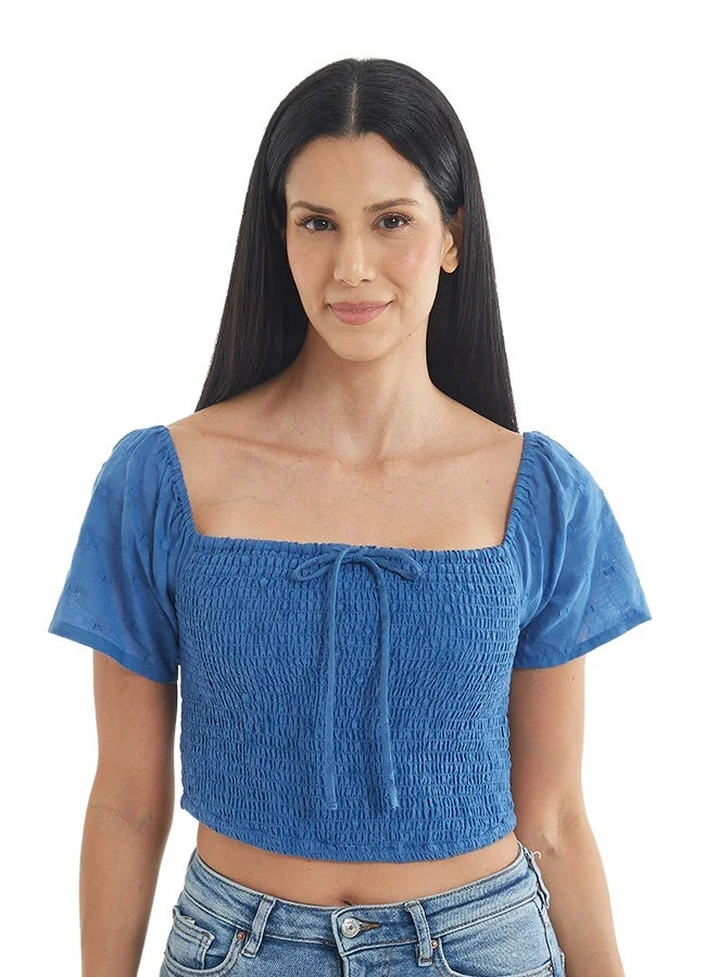 Asharae  Women's Swiss Dot Patterned Short Sleeve Top With Smoking  Comfortable Material, Breathable Daily Wear, Casual Fashion Outfit, Special Occasion Outfit, Trendy & Chic Apparel for Women | Best Price UAE