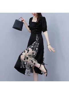 Hepburn Style Mesh Stitching Dress Plus Size Women's Summer Chubby Girl Slimming Waist-tight Temperament Short Sleeve Dress