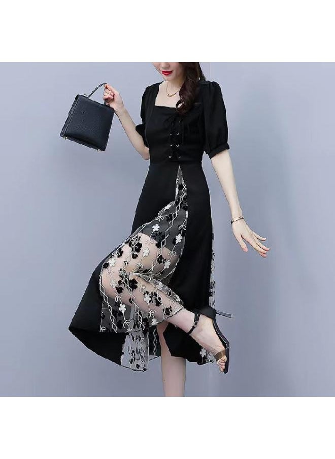 Generic - Hepburn Style Mesh Stitching Dress Plus Size Women's Summer Chubby Girl Slimming Waist-tight Temperament Short Sleeve Dress - Image 1