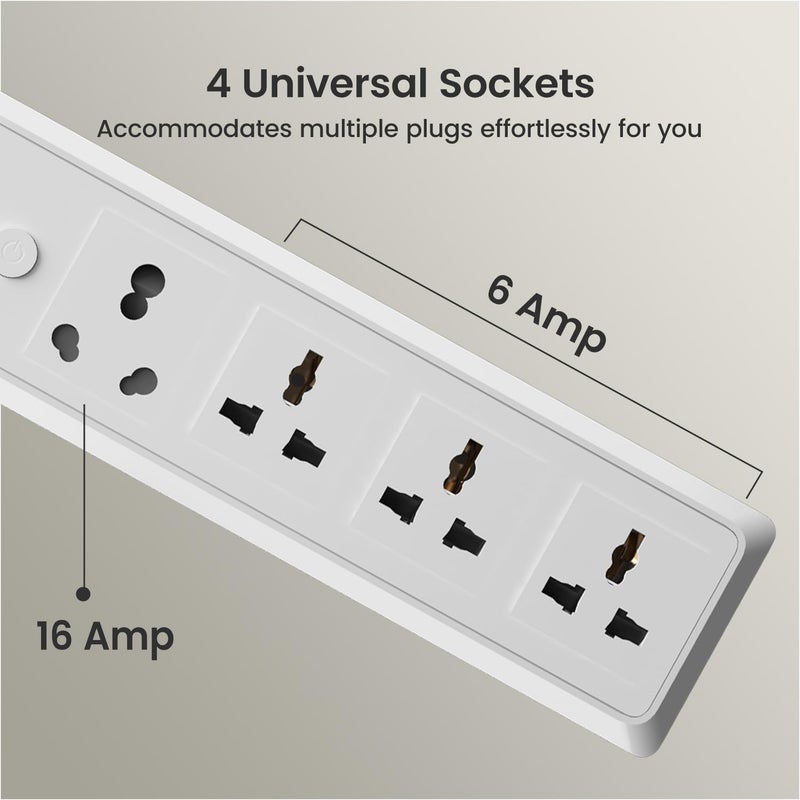 Portronics 16 Amp Power Plate 17 Extension Board with 4 Universal Sockets 3840 Watts 3m Cord Resettable Fuse Safety Shutter 1Socket 16A 3Socket 6A Multi Plug for Home Appliances White - Image 2