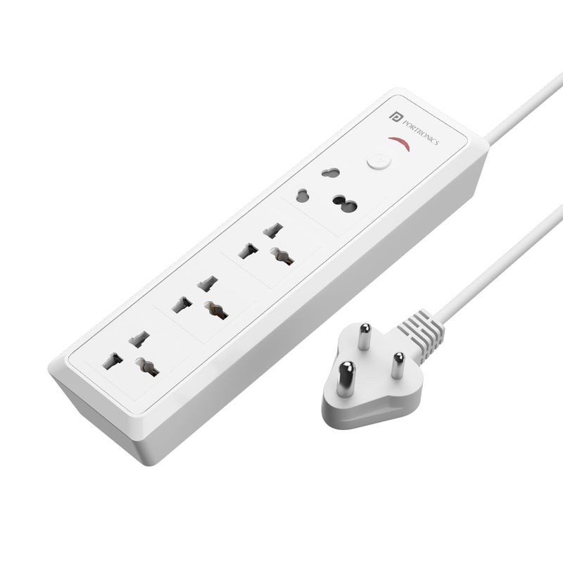 Portronics 16 Amp Power Plate 17 Extension Board with 4 Universal Sockets 3840 Watts 3m Cord Resettable Fuse Safety Shutter 1Socket 16A 3Socket 6A Multi Plug for Home Appliances White - Image 1