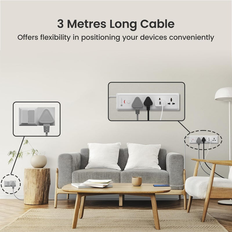 Portronics 16 Amp Power Plate 17 Extension Board with 4 Universal Sockets 3840 Watts 3m Cord Resettable Fuse Safety Shutter 1Socket 16A 3Socket 6A Multi Plug for Home Appliances White - Image 4