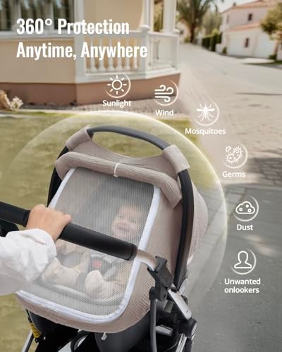 Blissful Diary Baby Car Seat Cover, Extra Large Mesh Window, Breathable Muslin Cotton, Infant Windproof Canopy, Agreeable Gray - Image 3