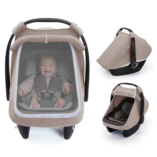 Blissful Diary Baby Car Seat Cover, Extra Large Mesh Window, Breathable Muslin Cotton, Infant Windproof Canopy, Agreeable Gray - Image 1