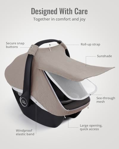 Blissful Diary Baby Car Seat Cover, Extra Large Mesh Window, Breathable Muslin Cotton, Infant Windproof Canopy, Agreeable Gray - Image 4