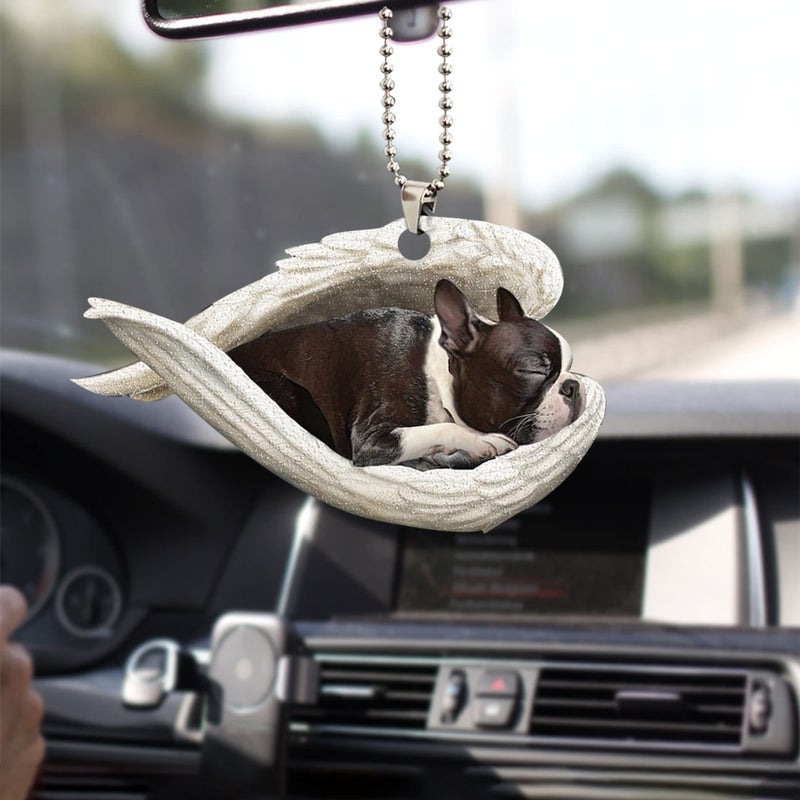 Talataca Boston Terrier Sleeping Angel Wing Memorial Puppy Dog Mom Pet 2D Flat Car Rear View Mirror Accessories Christmas Tree Ornament Decoration Hanging Charm Interior Rearview Pendant Decor Gift