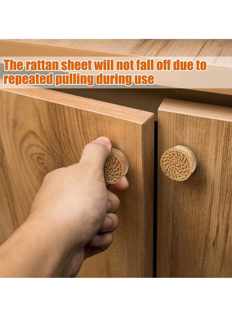4-Piece Set of Bohemian-Style Rattan Vanity Knobs, Rattan-Woven Round Disc Wooden Handles, Cabinet Door & Drawer Wooden Pulls, Wooden Drawer Knobs, Hand-Woven Bohemian-Style Willow Knobs. Suitable for cabinet vanity handles, hardware pulls, kitchen cabinet knobs, and Bohemian-style wooden furniture knobs. - Image 4