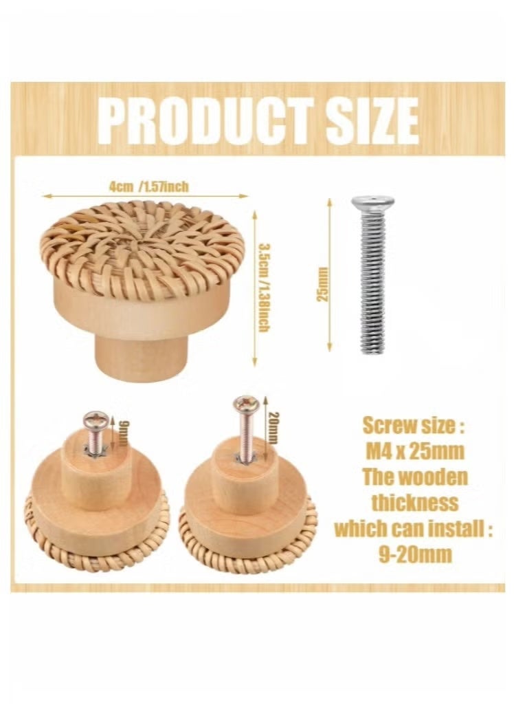4-Piece Set of Bohemian-Style Rattan Vanity Knobs, Rattan-Woven Round Disc Wooden Handles, Cabinet Door & Drawer Wooden Pulls, Wooden Drawer Knobs, Hand-Woven Bohemian-Style Willow Knobs. Suitable for cabinet vanity handles, hardware pulls, kitchen cabinet knobs, and Bohemian-style wooden furniture knobs. - Image 2