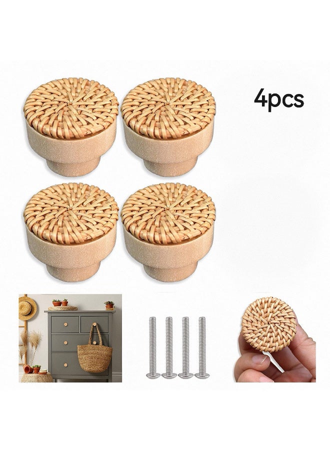 4-Piece Set of Bohemian-Style Rattan Vanity Knobs, Rattan-Woven Round Disc Wooden Handles, Cabinet Door & Drawer Wooden Pulls, Wooden Drawer Knobs, Hand-Woven Bohemian-Style Willow Knobs. Suitable for cabinet vanity handles, hardware pulls, kitchen cabinet knobs, and Bohemian-style wooden furniture knobs. - Image 1