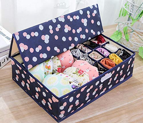 Vaoza Vaoza Fabric 16 1 Foldable Storage BoxCloset OrganizerDrawer Organizer Underwear Closet Storage for Socks Bra Panty Tie Scarf Navy Blue Flower  - Image 1