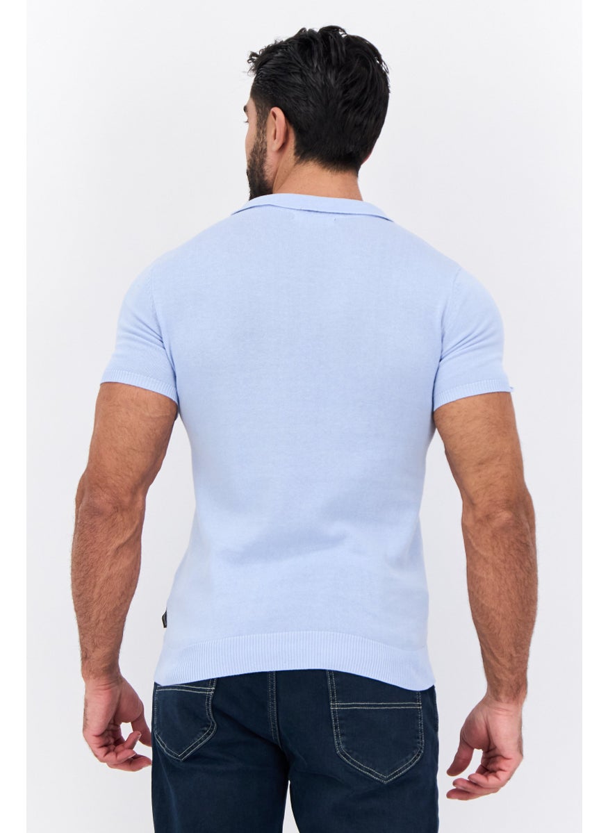 French Connection Men Regular Fit Short Sleeve Solid Knit Polo Shirts, Light Blue  - Image 3
