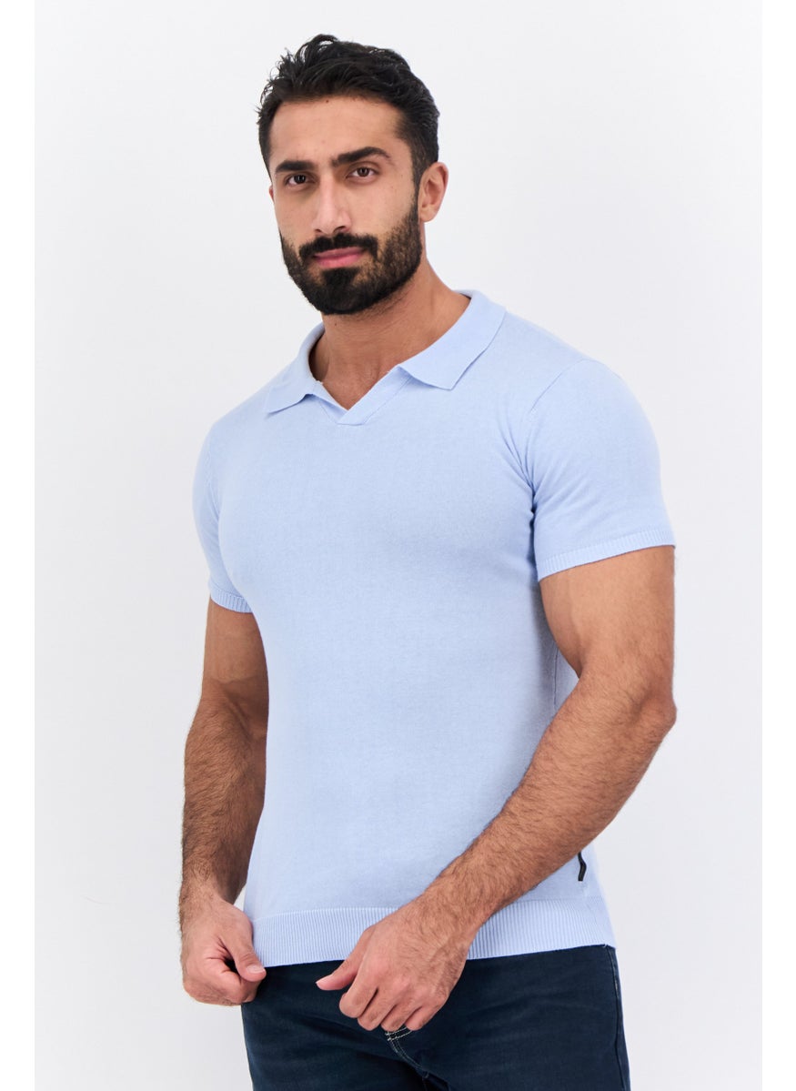 French Connection Men Regular Fit Short Sleeve Solid Knit Polo Shirts, Light Blue  - Image 1