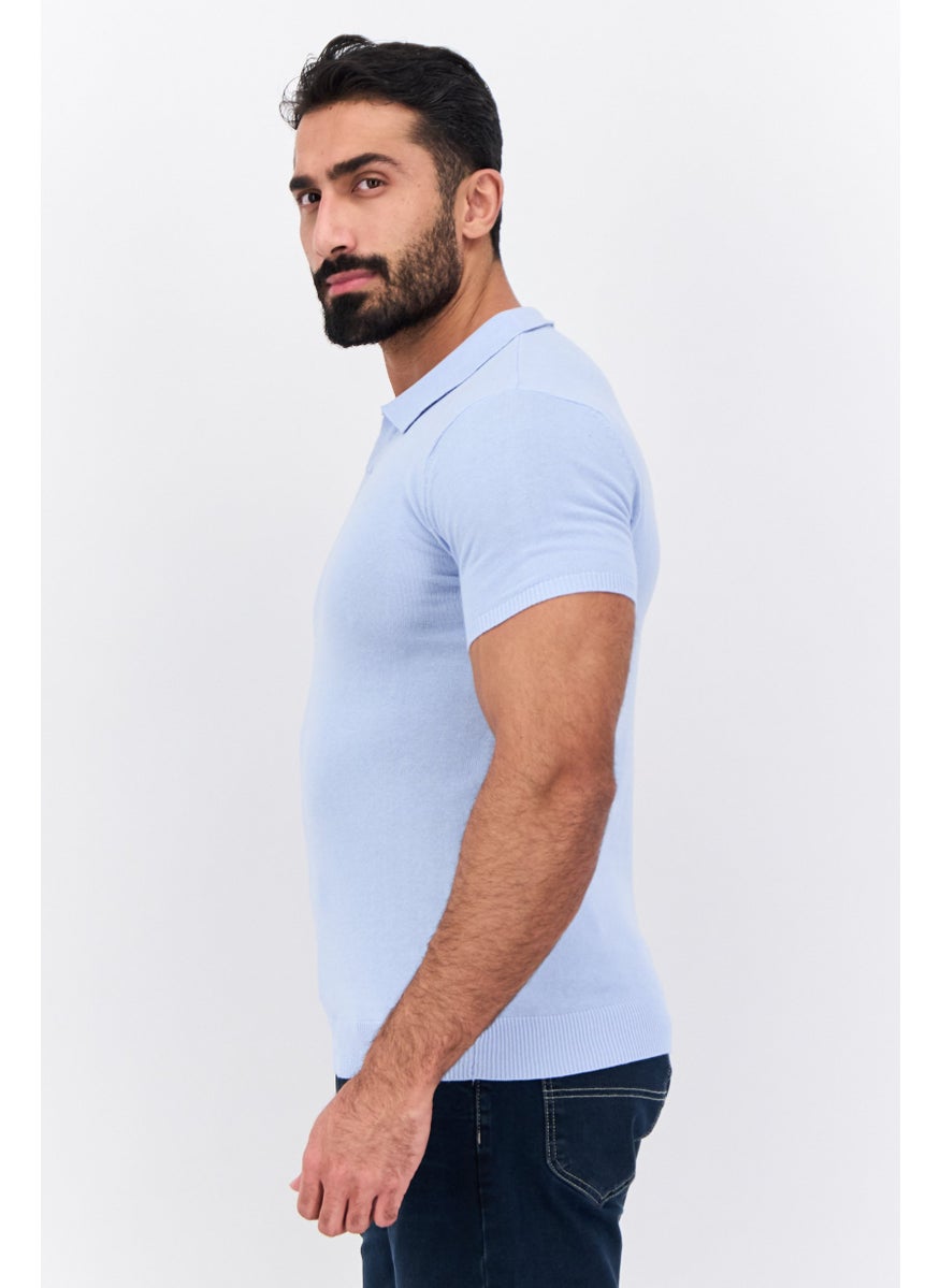 French Connection Men Regular Fit Short Sleeve Solid Knit Polo Shirts, Light Blue  - Image 2