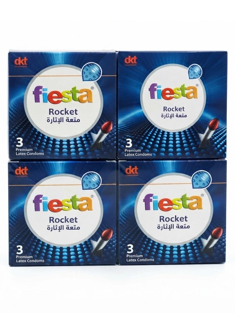 Fiesta Rocket Condoms -Ribbed, Dotted & Shaped - 4 Packs Of 3 Condoms
