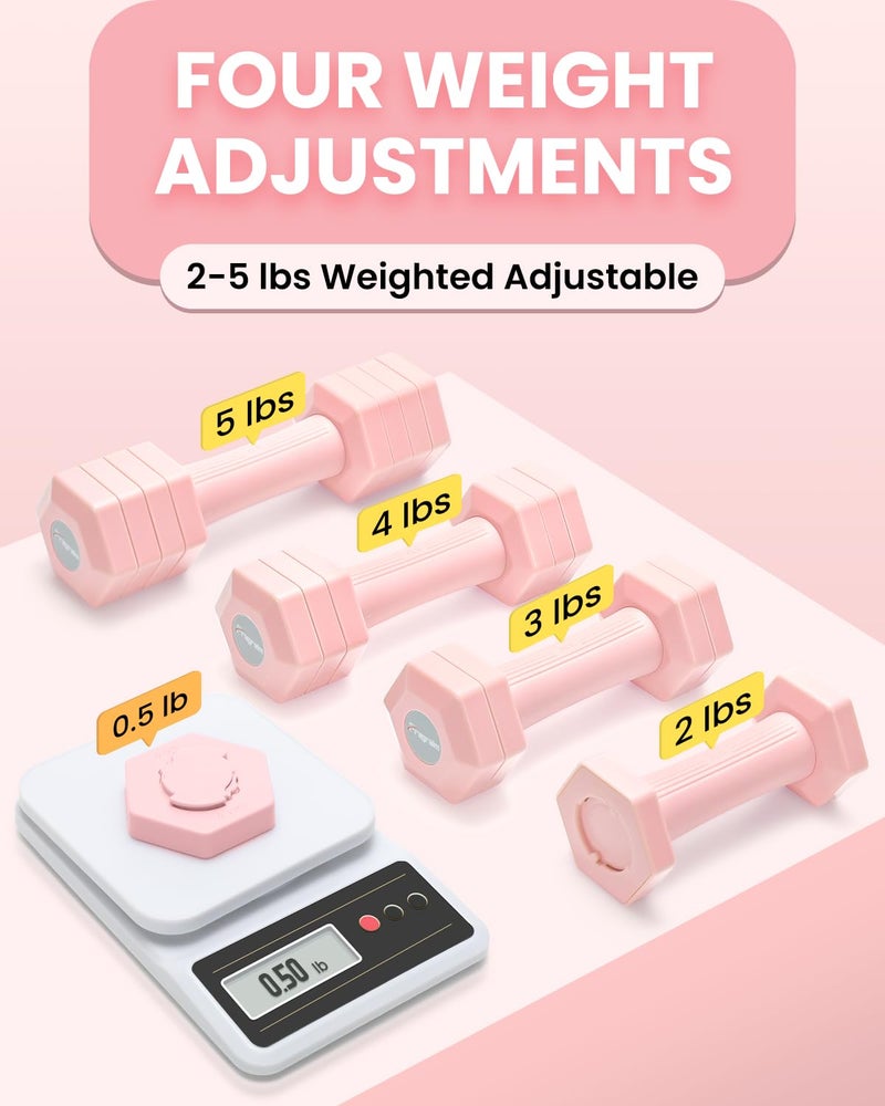 Fragraim Adjustable Dumbbells Set, 4 in 1 Hand Weights Set for Women Men 10 LB Dumbbell Pair Each 2lbs 3lbs 4lbs 5lbs Weights Dumbbells Set with TPU Soft Rubber Handle for Home Gym Exercise Fitness - Pink - Image 2