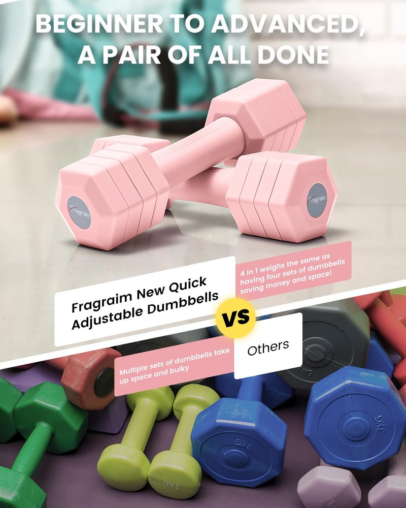 Fragraim Adjustable Dumbbells Set, 4 in 1 Hand Weights Set for Women Men 10 LB Dumbbell Pair Each 2lbs 3lbs 4lbs 5lbs Weights Dumbbells Set with TPU Soft Rubber Handle for Home Gym Exercise Fitness - Pink - Image 5