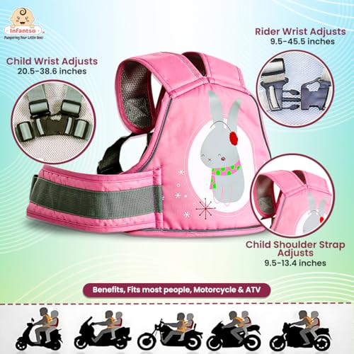 Infantso Safety Belts for Kids for Bike & Scooty (Pink), 2 Wheeler Vehicle Harness Belt with Four Point Safety Protection, Portable Seat Belts with Reflective Straps for Children & Toddlers - Image 2