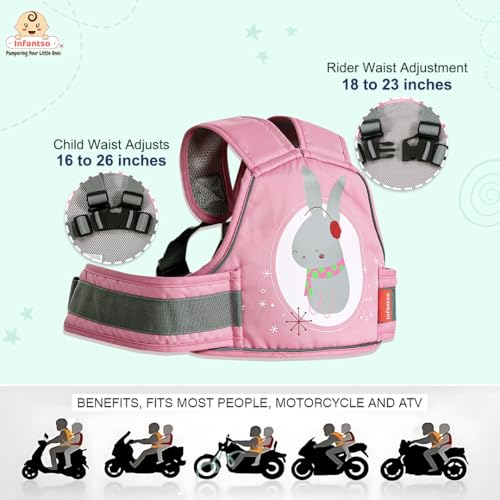Infantso Safety Belts for Kids for Bike & Scooty (Pink), 2 Wheeler Vehicle Harness Belt with Four Point Safety Protection, Portable Seat Belts with Reflective Straps for Children & Toddlers - Image 5