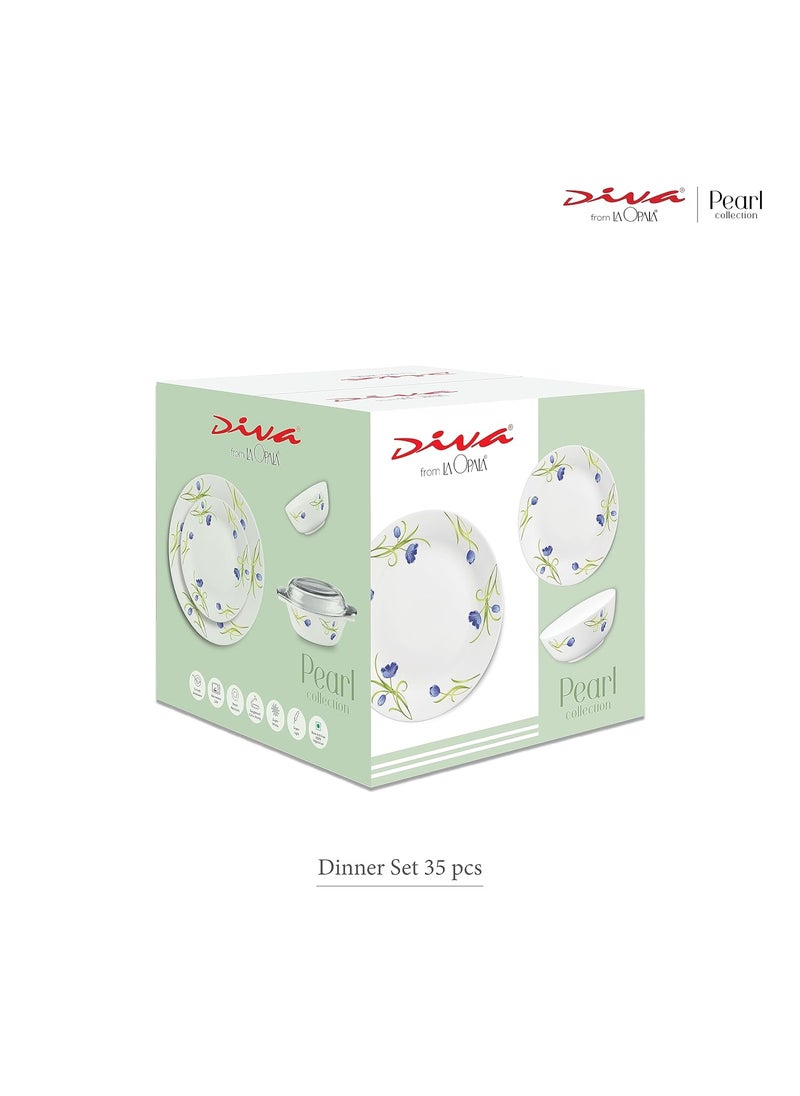 La Opala Diva by La Opala, Pearl Collection, Opal Glass Dinner Set 35 pcs, Lively Hues, White  - Image 5