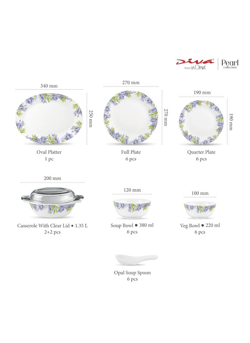 La Opala Diva by La Opala, Pearl Collection, Opal Glass Dinner Set 35 pcs, Lively Hues, White  - Image 3