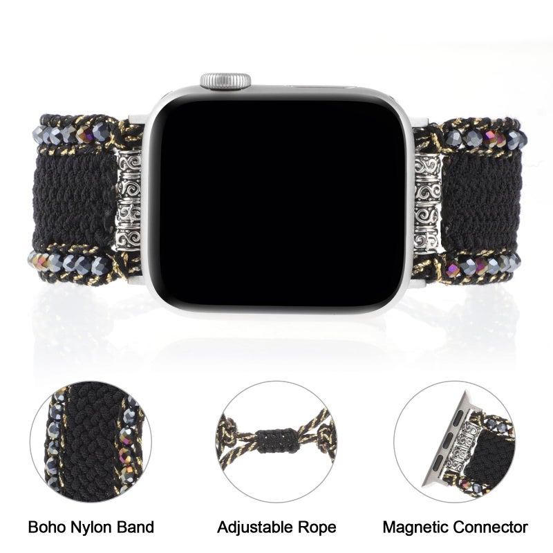 TERKOWQI Braided Western Boho Nylon Band Compatible with Apple Watch Bands 38mm 40mm 41mm 42mm 44mm 45mm 49mm, Women Adjustable Bracelet Beaded Bohemian Strap for iWatch Series 9 8 SE Ultra 7 6 5 4 3 2 1 (38mm/40mm/41mm, Boho Green Orange) - Image 4