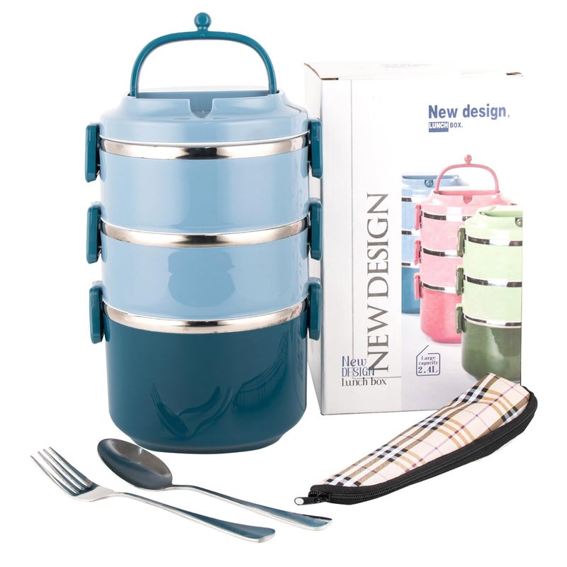 SANQIAHOME 3 Tier Stackable Stainless Steel Lunch Box Sealedblue 3 layers with spoon and fork