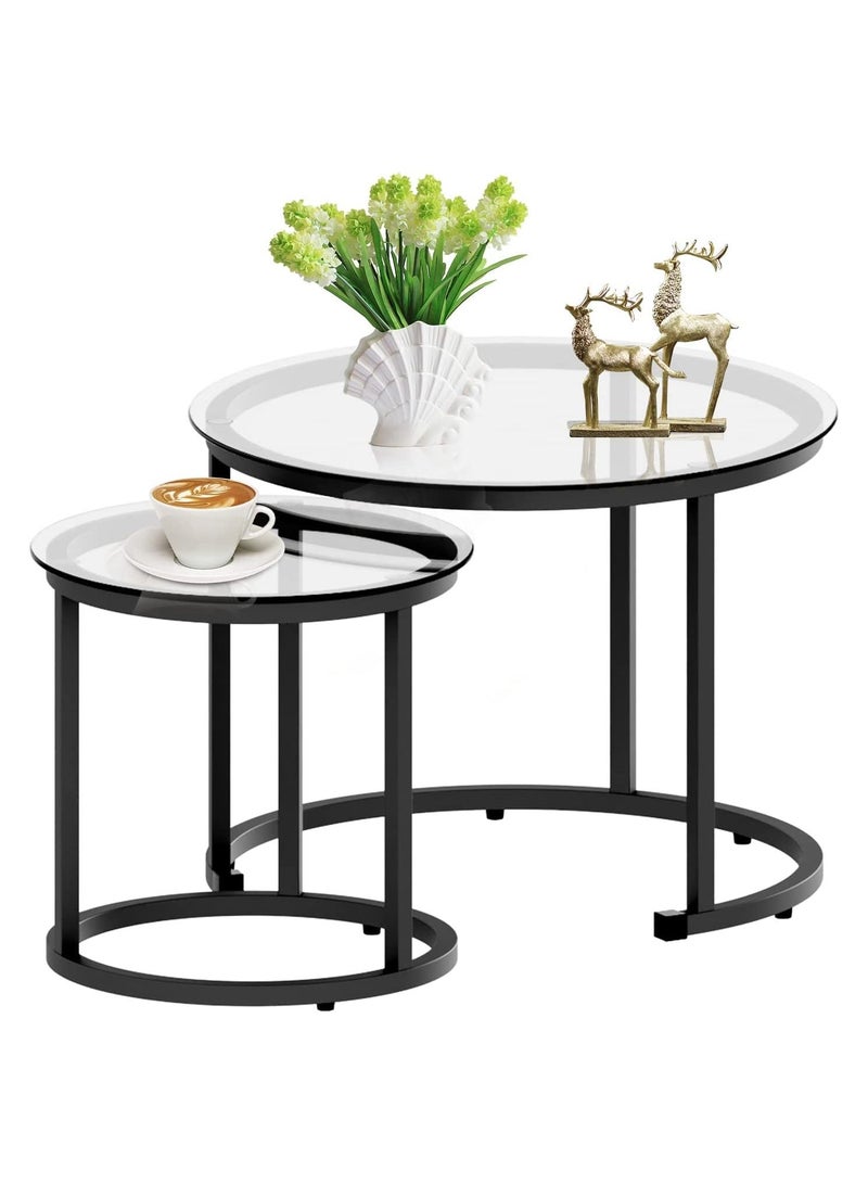 AGD Black Nesting Coffee Glass Table Set of 2, Metal Freme Side End Tables for Living Room Bedroom for Apartment Small Place Modern Industrial Simple - Image 2