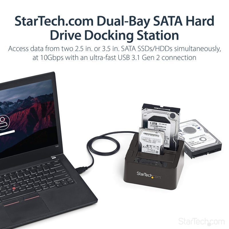 StarTech.com Dual-Bay USB 3.1 to SATA Hard Drive Docking Station, USB 3.1 (10 Gbps), External 2.5/3.5" SATA I/II/III, SSD/HDD Docking Station, Hot-Swap Hard Drive Bay, Top-Loading (SDOCK2U313) - Image 2