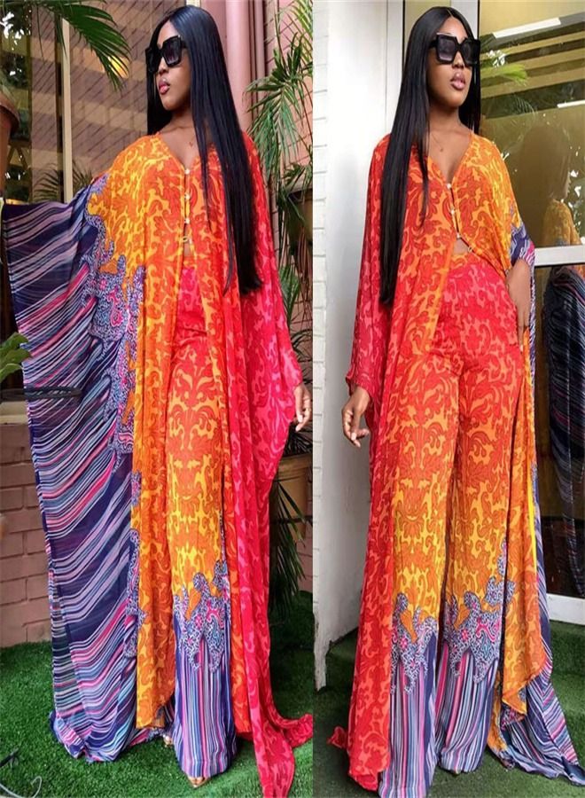 Loquat Chiffon Cardigan Loose Oversized Trousers Two-Piece Suit Abaya Multicolour