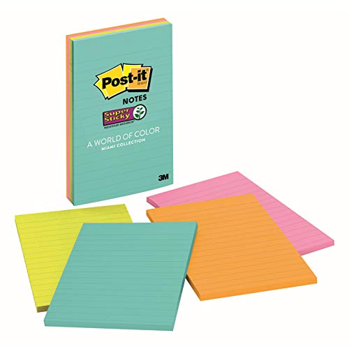 Post It 3M Post-it Super Sticky Lined Notes | 2X Sticking Power | 4 Pads x 45 Sheets | 4" x 6" | Notes, Reminders, Study, School and organizing | Bright Neon Colours - Image 1