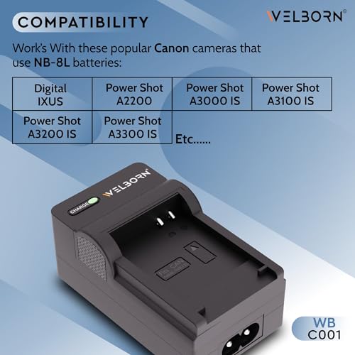 WELBORN شاحن بطارية كاميرا ويلبورن لكاميرات كانون NB-8L متوافق مع Canon Powershot A2200, A1000, A1200, A3000 is, A3100 is, A3150 is, A3200 is, A3300 is, A3350 is, PC1474 وغيرها - Image 4