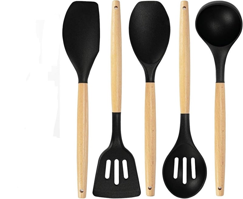 MOBDESK Silicone Spatula with Wooden Handle – Heat Resistant, Non-Stick, Flexible Kitchen Utensil for Baking, Cooking & Mixing – BPA-Free, Soft & Durable – Ideal for Scraping & Spreading (5-Pcs,Black) - Image 1