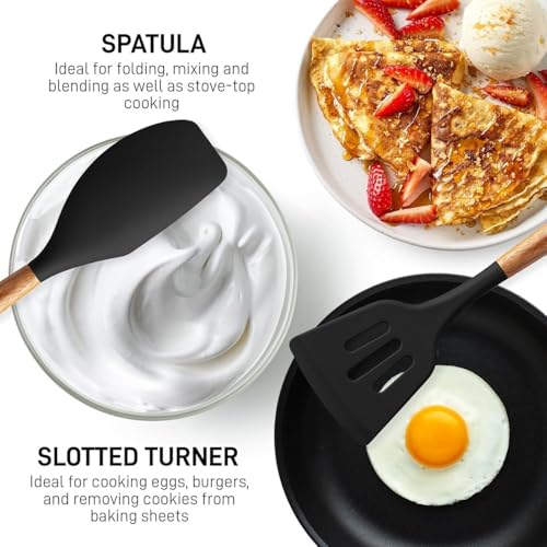 MOBDESK Silicone Spatula with Wooden Handle – Heat Resistant, Non-Stick, Flexible Kitchen Utensil for Baking, Cooking & Mixing – BPA-Free, Soft & Durable – Ideal for Scraping & Spreading (5-Pcs,Black) - Image 4