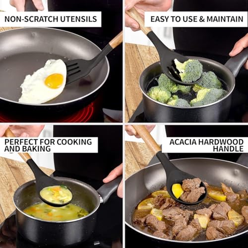 MOBDESK Silicone Spatula with Wooden Handle – Heat Resistant, Non-Stick, Flexible Kitchen Utensil for Baking, Cooking & Mixing – BPA-Free, Soft & Durable – Ideal for Scraping & Spreading (5-Pcs,Black) - Image 2