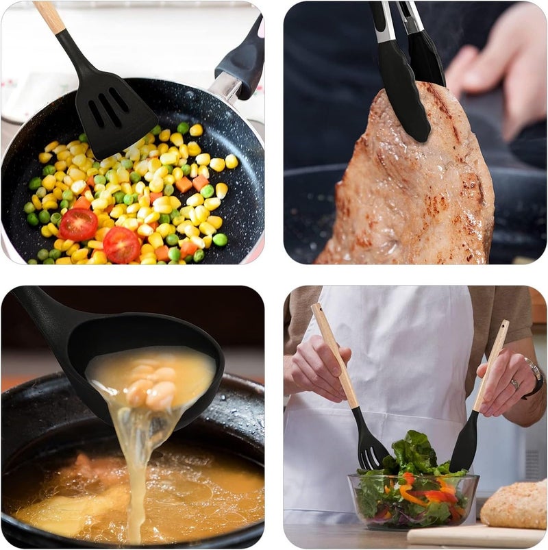 MOBDESK Silicone Spatula with Wooden Handle – Heat Resistant, Non-Stick, Flexible Kitchen Utensil for Baking, Cooking & Mixing – BPA-Free, Soft & Durable – Ideal for Scraping & Spreading (5-Pcs,Black) - Image 3