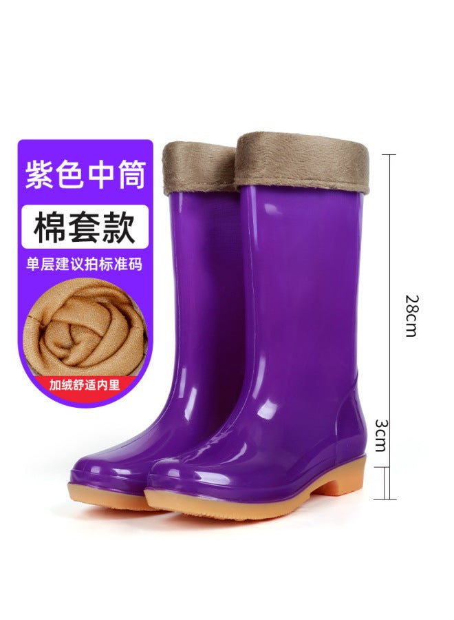 High-top Non-slip Fleece-lined Cotton Rain Boots Rain Boots Waterproof Shoes Rubber Shoes Overshoes Water Boots Female Adult Kitchen Warm Rice Planting Shoes