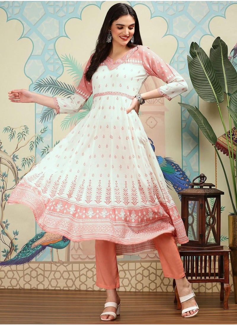 ISHIN Women's Pink Rayon Printed Tunic Full Length Palazzo Regular Fit Kurta Set  - Image 5