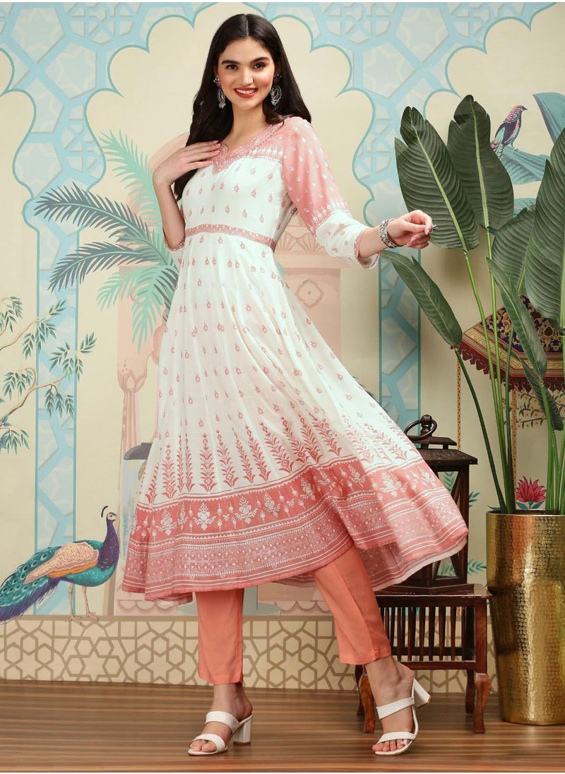 ISHIN Women's Pink Rayon Printed Tunic Full Length Palazzo Regular Fit Kurta Set  - Image 1