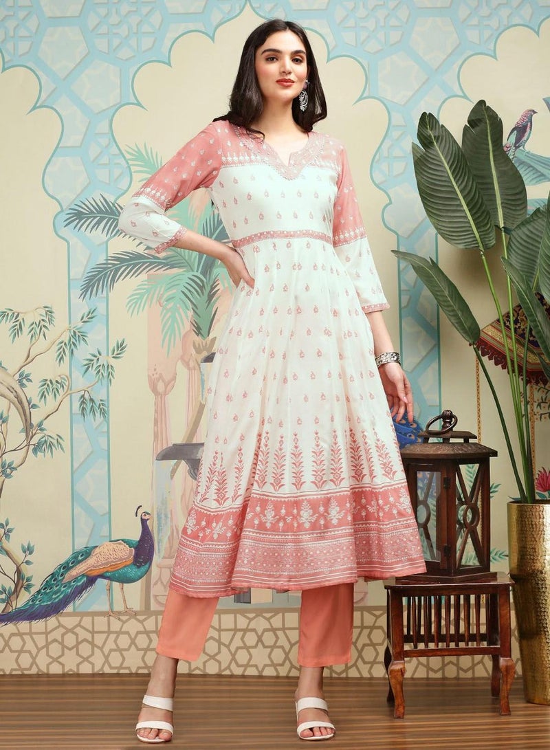 Women's Pink Rayon Printed Tunic Full Length Palazzo Regular Fit Kurta Set