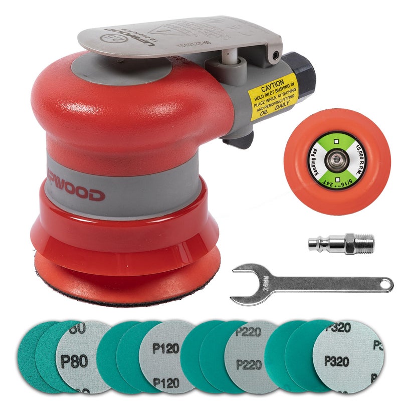 UPWOOD Pneumatic Random Orbital Sander 3-Inch Light Weight Palm Sander 3/32"" (2.5 Mm) Diameter Orbit 12000 Rpm With Extra Backing Pad And 12Pcs Sandpaper - Image 1