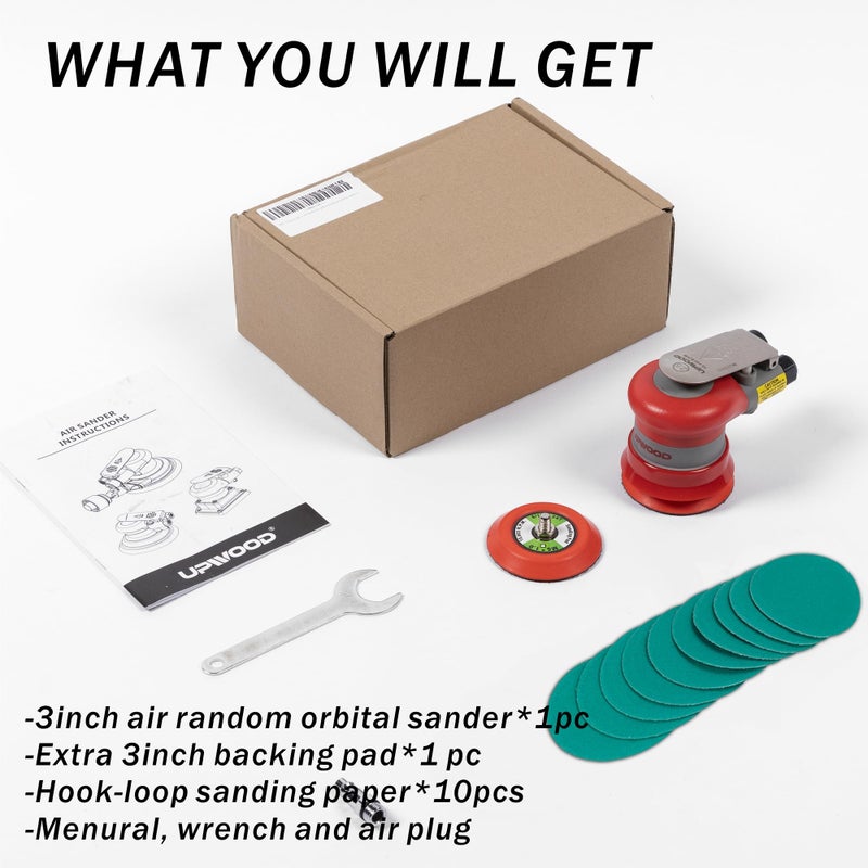 UPWOOD Pneumatic Random Orbital Sander 3-Inch Light Weight Palm Sander 3/32"" (2.5 Mm) Diameter Orbit 12000 Rpm With Extra Backing Pad And 12Pcs Sandpaper - Image 2