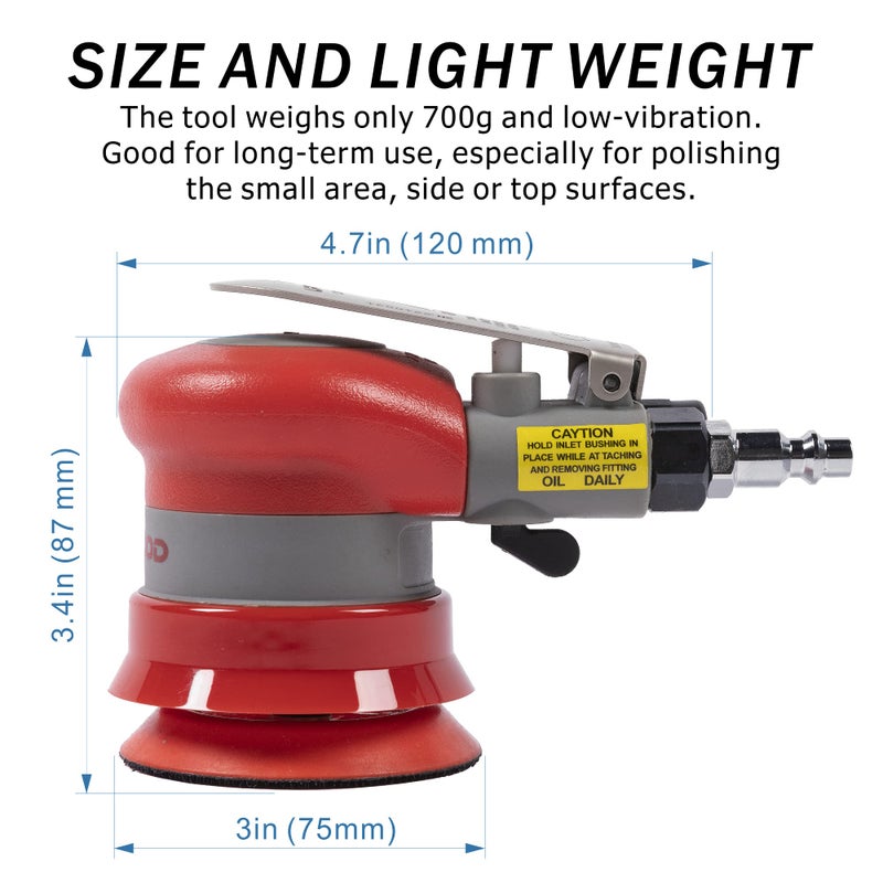 UPWOOD Pneumatic Random Orbital Sander 3-Inch Light Weight Palm Sander 3/32"" (2.5 Mm) Diameter Orbit 12000 Rpm With Extra Backing Pad And 12Pcs Sandpaper - Image 3