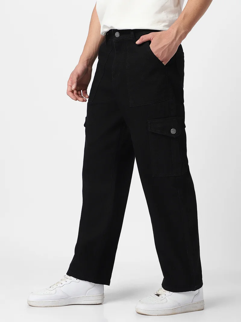 Urbano Fashion  Urbano Fashion Men's Black Loose Fit Cargo Jeans with 6 Pockets Non-Stretchable  | Best Price UAE