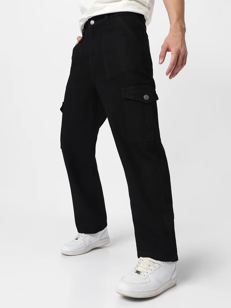 Urbano Fashion Men's Black Loose Fit Cargo Jeans with 6 Pockets Non-Stretchable
