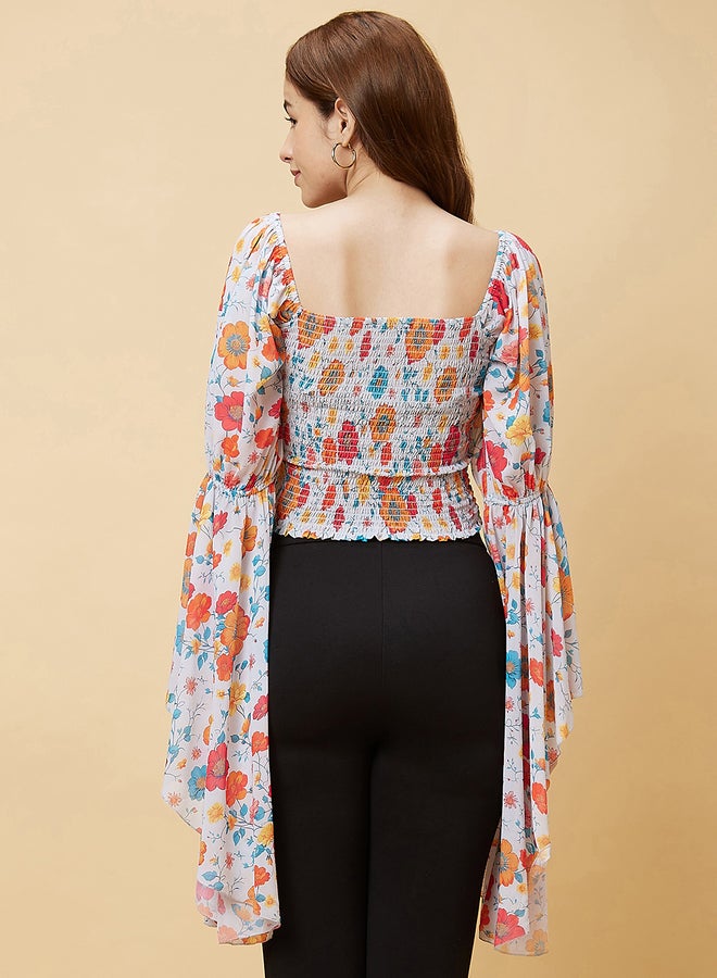 Globus Floral Print Square Neck Flared Sleeves Crop Top - Image 4