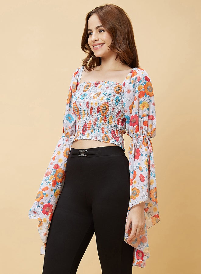 Globus Floral Print Square Neck Flared Sleeves Crop Top - Image 3