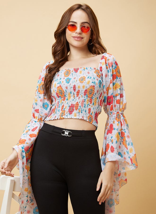 Globus Floral Print Square Neck Flared Sleeves Crop Top - Image 1