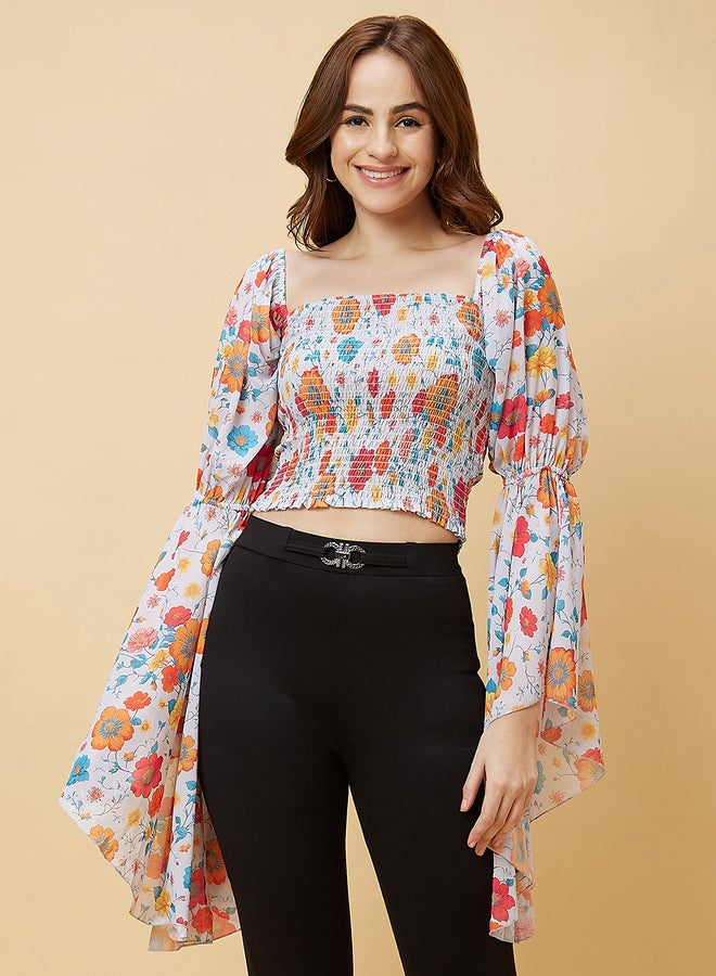 Globus Floral Print Square Neck Flared Sleeves Crop Top - Image 2