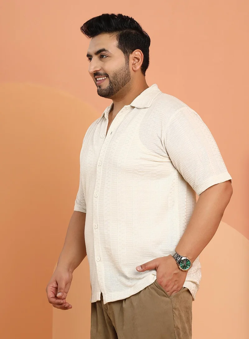 Instafab Plus  Instafab Plus Men's Off-White Dash-Ribbed Knit Polo Shirt For Casual Wear | Polo Neck | Short Regular Sleeves | Button Closure | Plus Size Shirt Crafted With Comfort Fit For Everyday Wear for Men | Best Price UAE