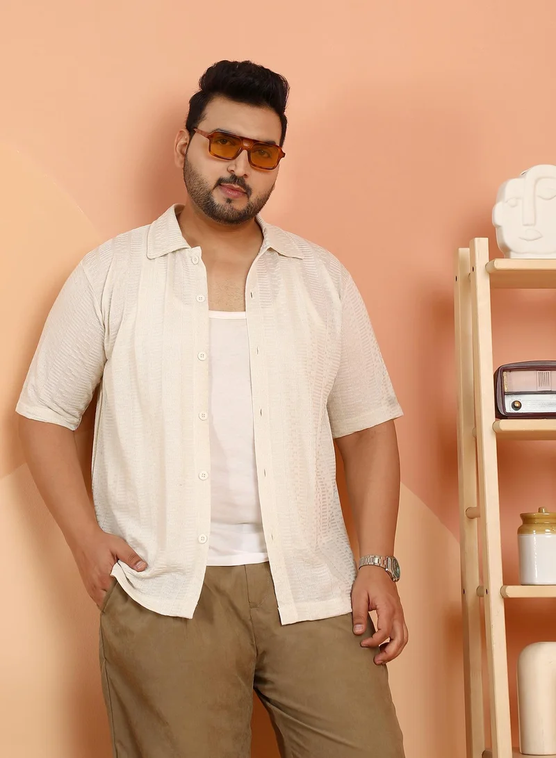 Instafab Plus Instafab Plus Men's Off-White Dash-Ribbed Knit Polo Shirt For Casual Wear | Polo Neck | Short Regular Sleeves | Button Closure | Plus Size Shirt Crafted With Comfort Fit For Everyday Wear